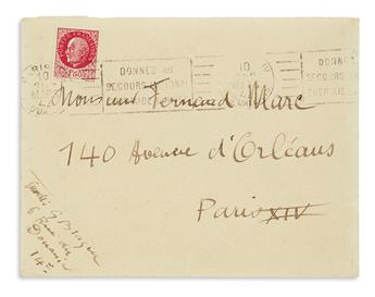 BRAQUE, GEORGES. Two items, in French: Autograph inscription Signed * Signature on envelope.